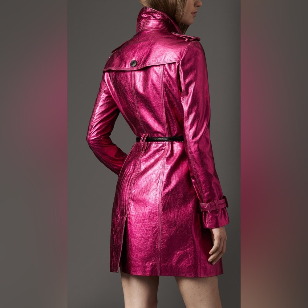 Burberry Fuchsia Metallic Pink Leather Trench Coat Size:US 8(runs small) - Picture 2 of 10